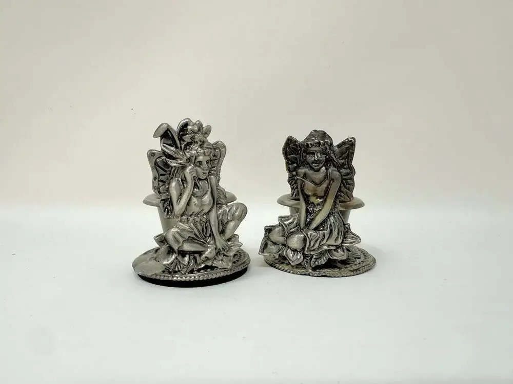 Pixie Fairies of the Woods Cast Pewter Vintage Candle Holders set of 2 fairycore